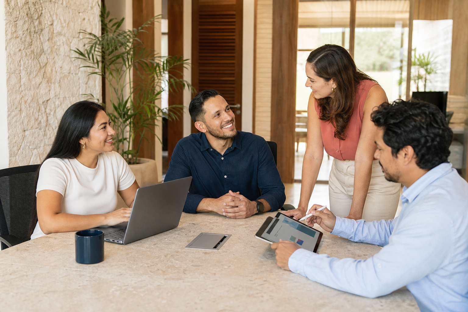 Equipo de negocios y especialistas de software colaborando en una oficina cálida